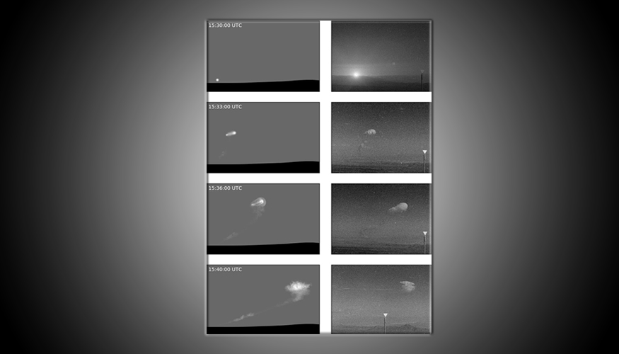A set of simulated nuclear clouds alongside a set of nuclear cloud photographs.