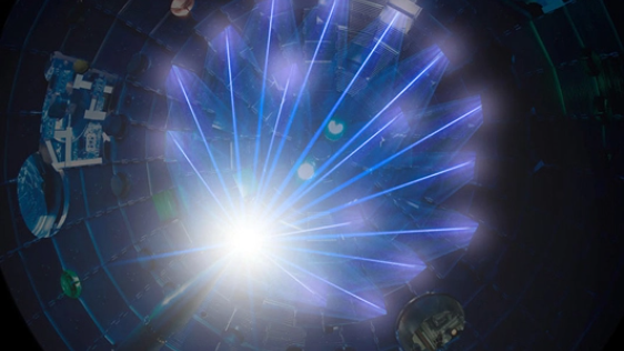 high-energy laser beams converge on a target