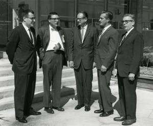 John S. Foster, Jr. (second from right) with Lab leader (left to right) Harold Brown, Herb York, Edwin McMillan and Gerry Johnson celebrating LLNL's 10th anniversary.