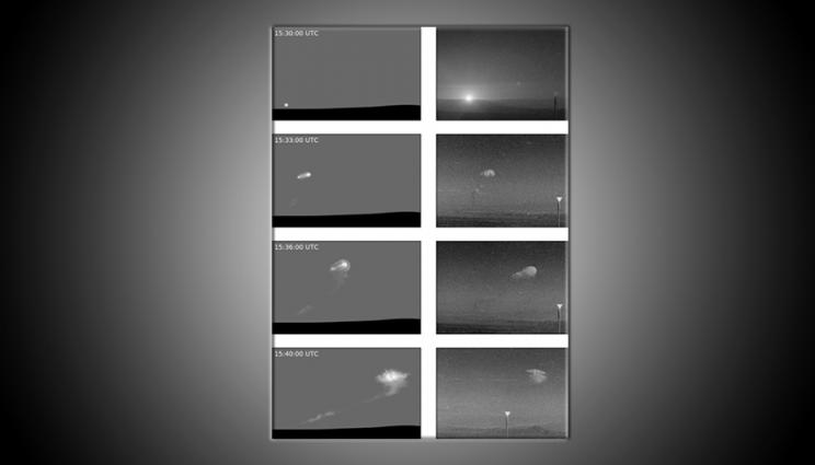 A set of simulated nuclear clouds alongside a set of nuclear cloud photographs.