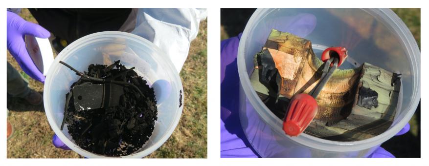 The shattering power of C-4 is evident in the post shot sample (left) compared with a black powder post shot sample (right). Both shots contained roughly the same Net Explosive Weight (NEW), or TNT equivalent. 